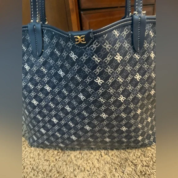 Sam Edelman Harper Monogram Medium Shopper Tote bag in navy blue coated canvas. - Picture 2 of 6